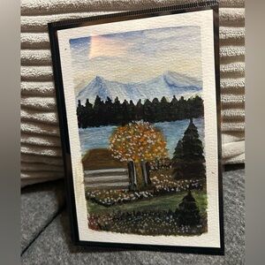 Landscape Watercolor Painting with Mountains and Trees